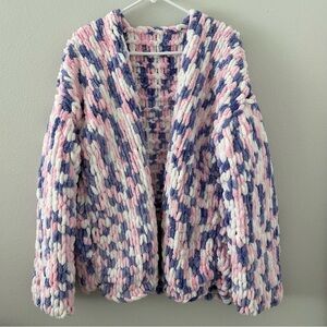 Handmade Chunky Knit Open Front Cardigan Pink Purple White Size XL Chenille Puff